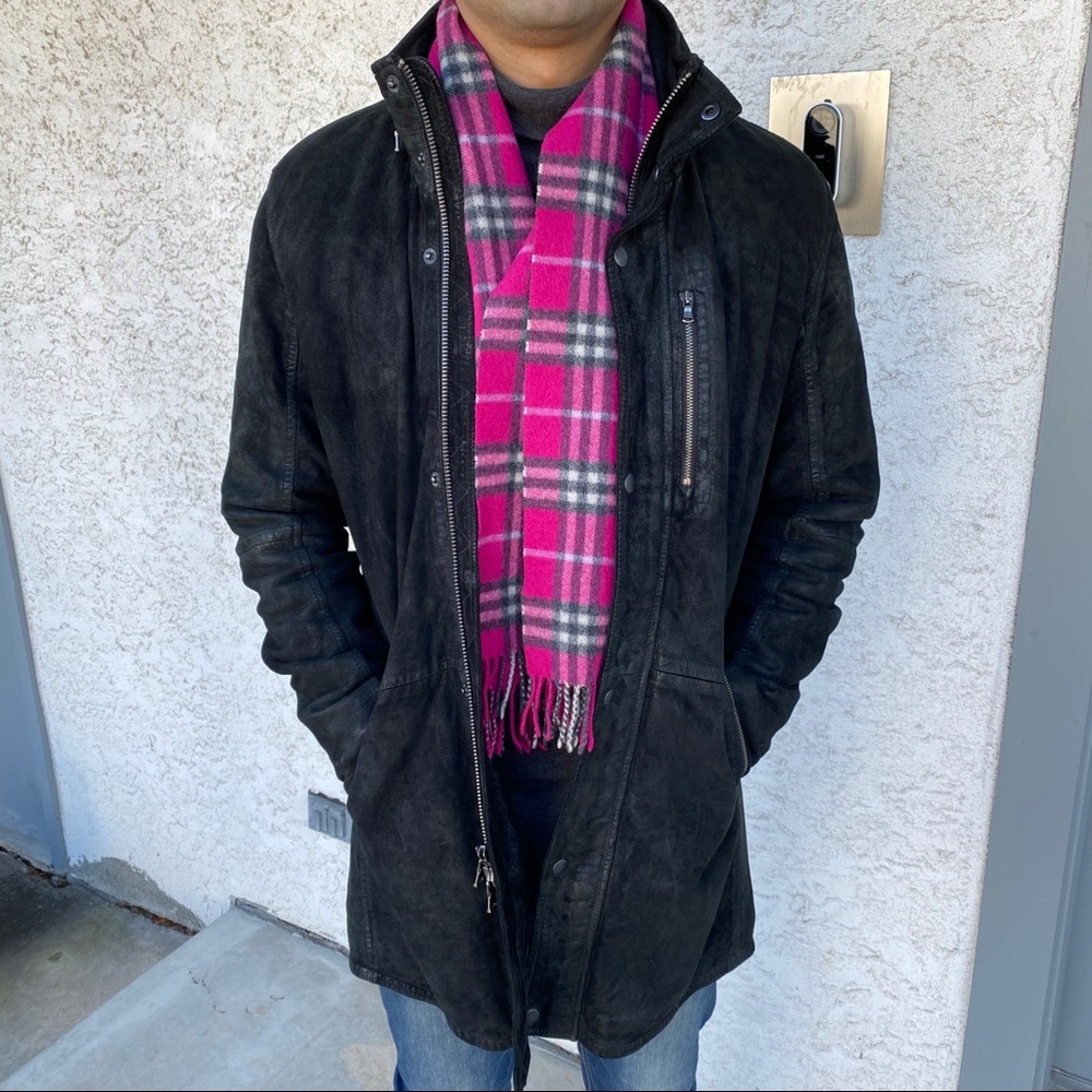 Mens BURBERRY 100% Cashmere Scarf New Nova Check Raspberry Pink Black Plaid Long